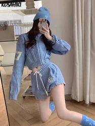 KOSAHIKI Y2k Two Pieces Sets Women Blue Knitted Cropped Cardigan +High Waist Shorts Korean Streetwear 2024 Spring Autumn Outfits