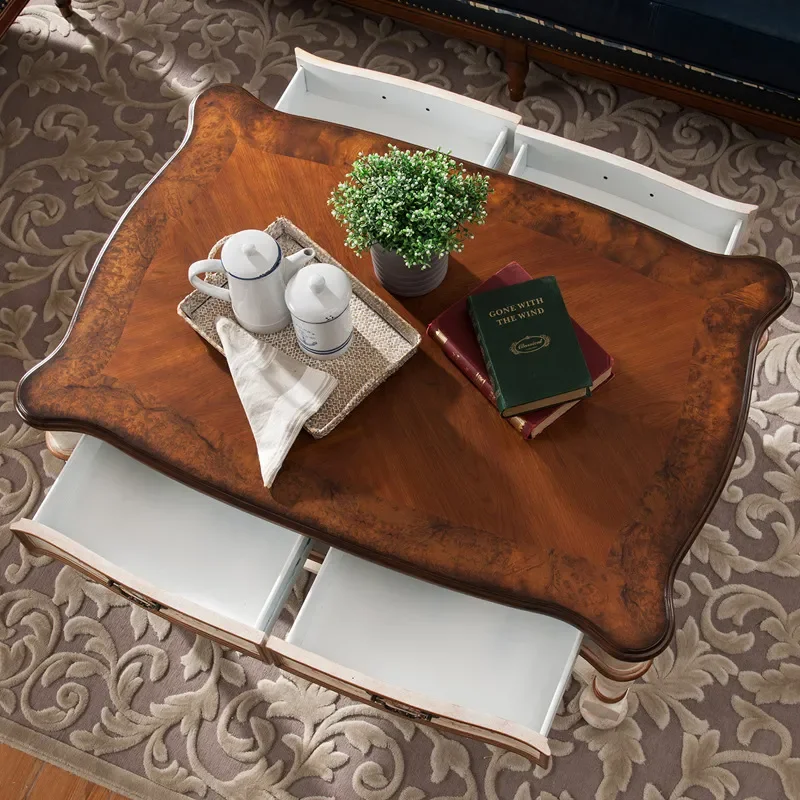 American Country Style Living Room Large Coffee Table with Drawer Solid Wood Painted Retro White Edge Corner Table for Vase