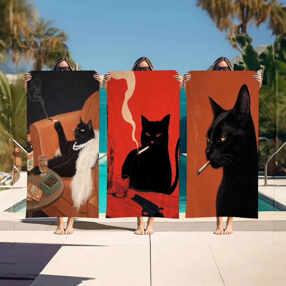 Black Cat Smoking A Cigarette Beach Towel Colorful Bath Towels For Girl Microfiber Quick Dry Custom Sand Free Beach Yoga Spa Gym