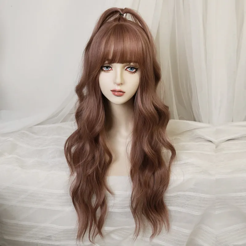 

Pink purple wig female long curly hair full hood fashion color big waves whole top daily soft girl hair