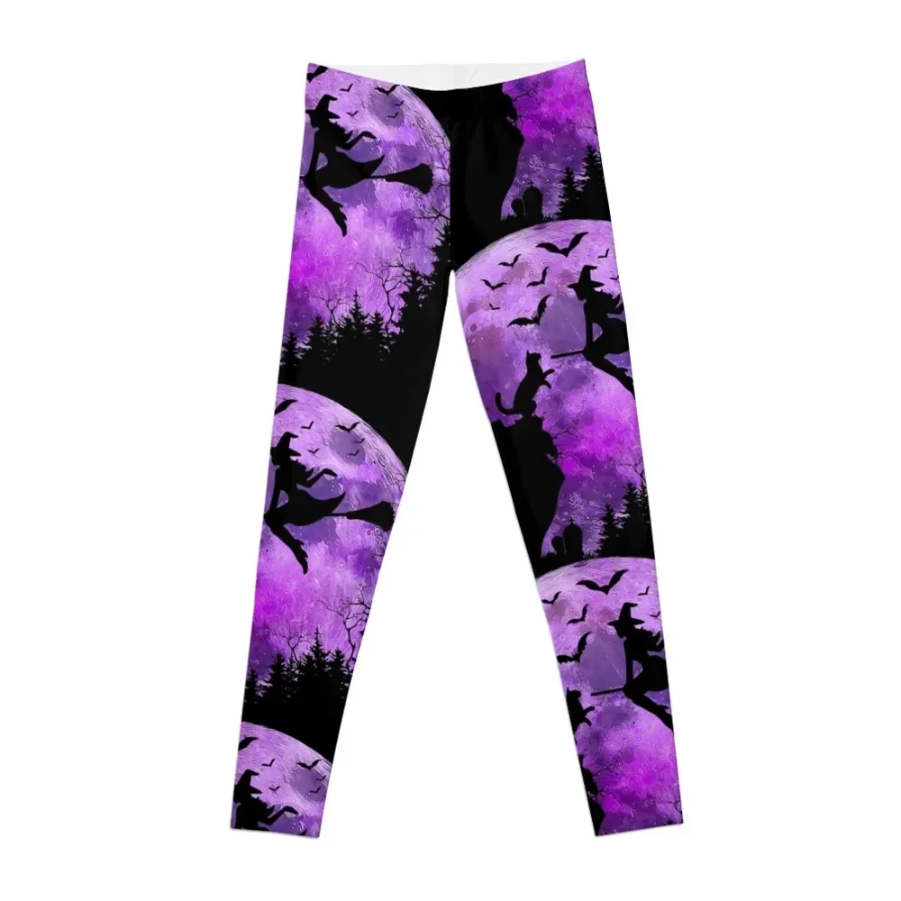 

Halloween Spooky Full Moon, Cat in a Cliff & Witch Flying In Her Broom & Bats Halloween Idea For Cat Moms Witches Leggings