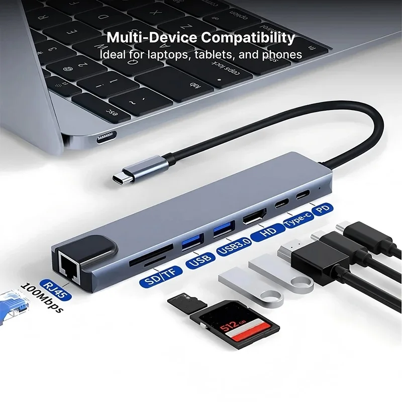 USB C Hub 8 In 1 Type C 3.1 To 4K HDTV Adapter with RJ45 100Mbps SD/TF Card Reader PD Fast Charge for MacBook Notebook Laptop