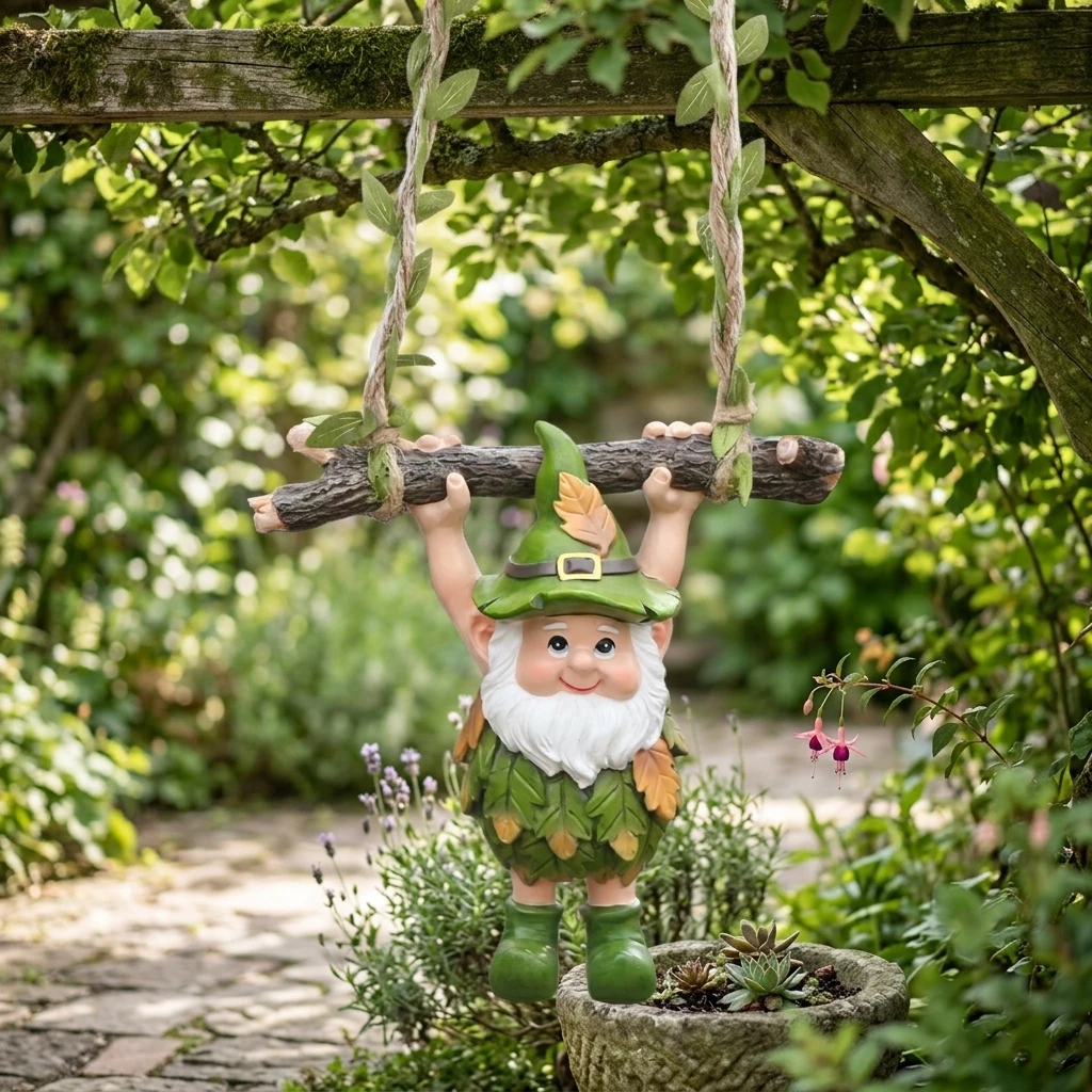 Resin Leaf Swing Gnome Ornament For Outdoor Garden Balcony Porch Decoration With Durable Weatherproof Design
