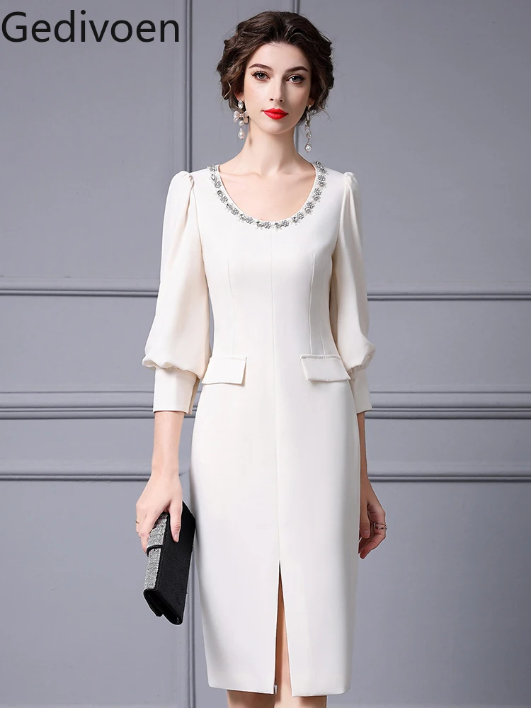 

Gedivoen Summer Fashion Runway New Designer Office Lady Style Lantern Sleeve Embroidered Flares Senior Elegant Hip Wrap Dress