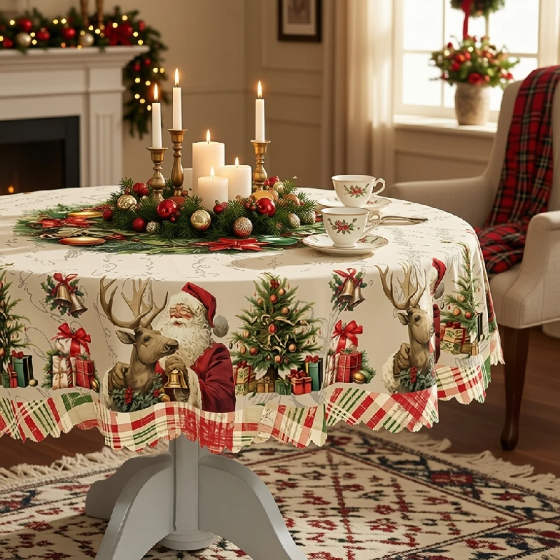 Christmas Tablecloth Santa Snowman Reindeer Christmas Tree Nutcracker Nativity Holiday Dining Table Cover Home Decor Round