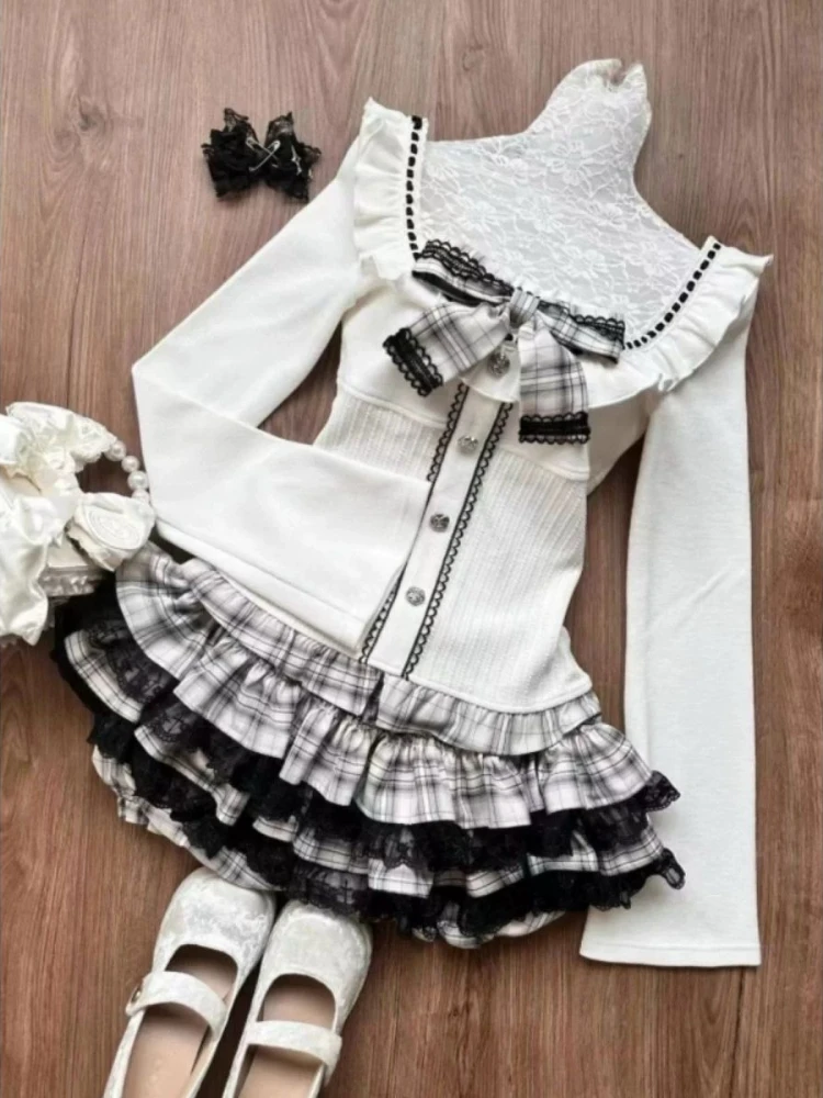 Kawaii Vrouwen Twee Delige Set Koreaanse Leuke Slanke Boog Y2k Esthetische Crop Top + Mode Sexy Plaid Kant Patchwork Geplooide Mini rokken