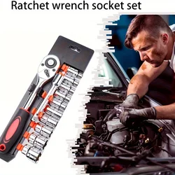 Car 12pcs Luxury Ratchet Socket Wrench Set Multi-Functional 1/2, 3/8, 1/4 Sizes 2-Way Quick Release Handle and Telescopic Bar