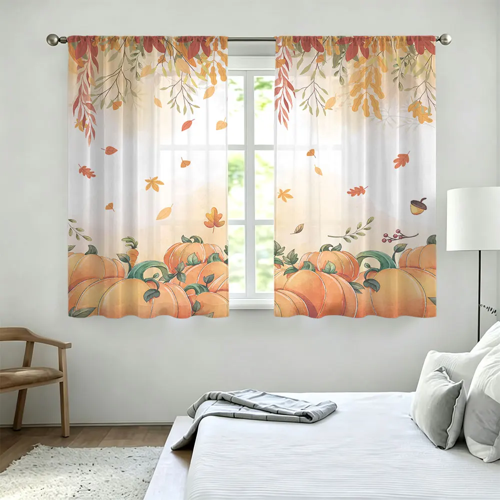 2Pcs Rod Pocket Curtain Light Block Privacy Drape Living Bedroom Autumn Pumpkin Maple Leaf Print Window Curtain For Home Deco