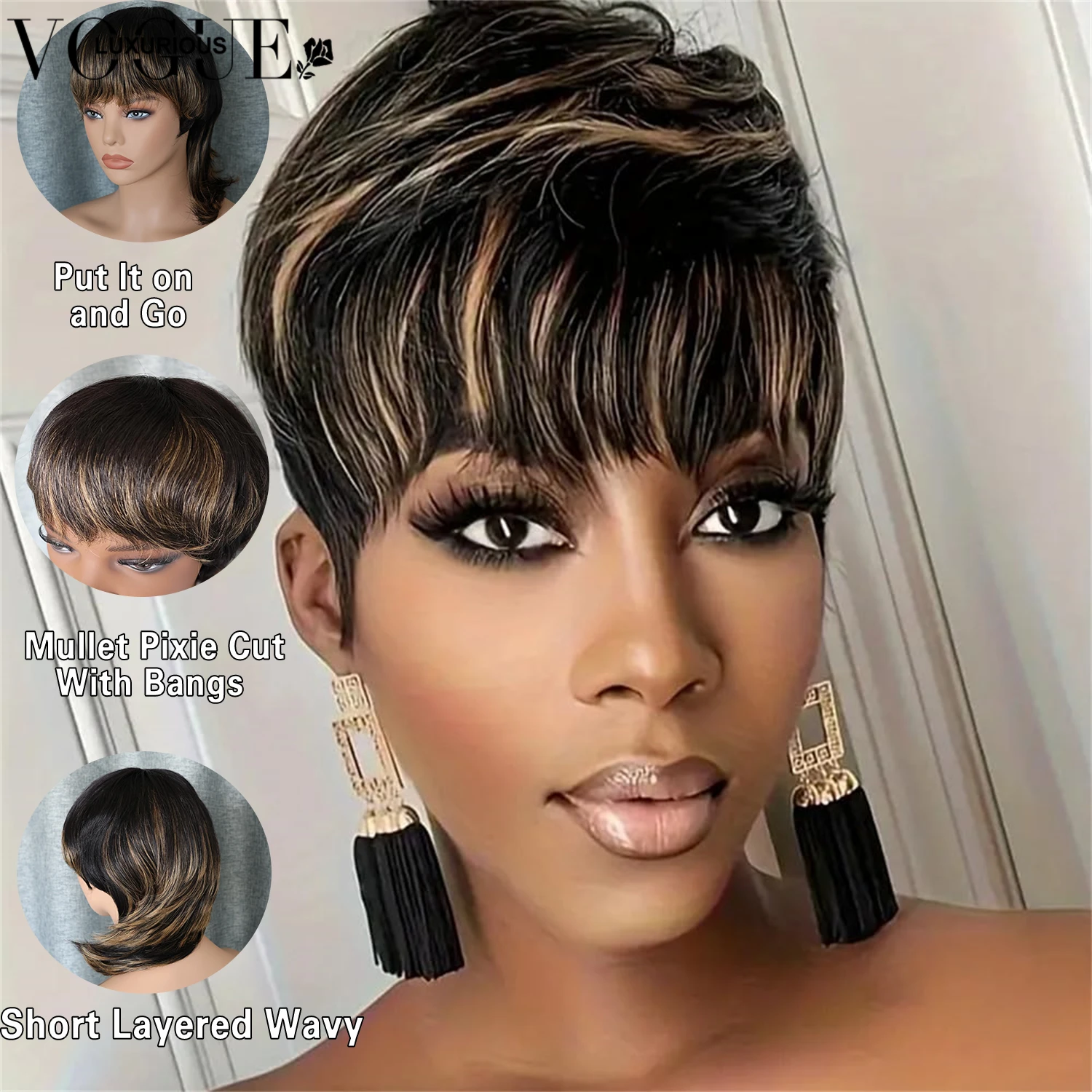 

Highlight Mixed Mullet Bob Human Hair Wigs With Bang Layered Wavy Pixie Cut Brazilian Remy Human Hair Wig Full Machine Made Wig