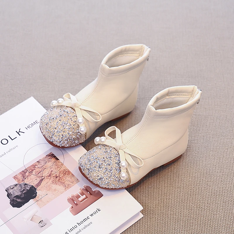الفتيات حذاء من الجلد الأطفال كريستال الأميرة أحذية مكافحة زلق موضة الاطفال بولي Boots الأحذية الجلدية مع فراشة عقدة حجم 26-35 #3