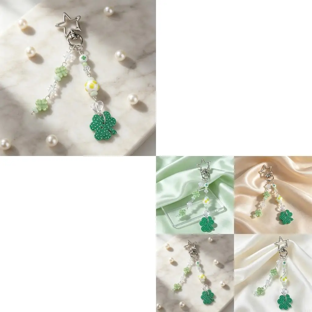 91AF Handcrafted Four Clovers Keyring Stylish Keyring with Star And Heart Detail