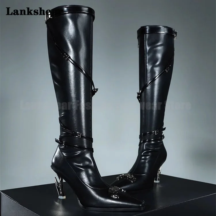 

Women Boots Luxury Brand High Quality Pointed Toe Shoes Black Genuine Leather Metal Strange Heel Knee High Boots Runway Booties