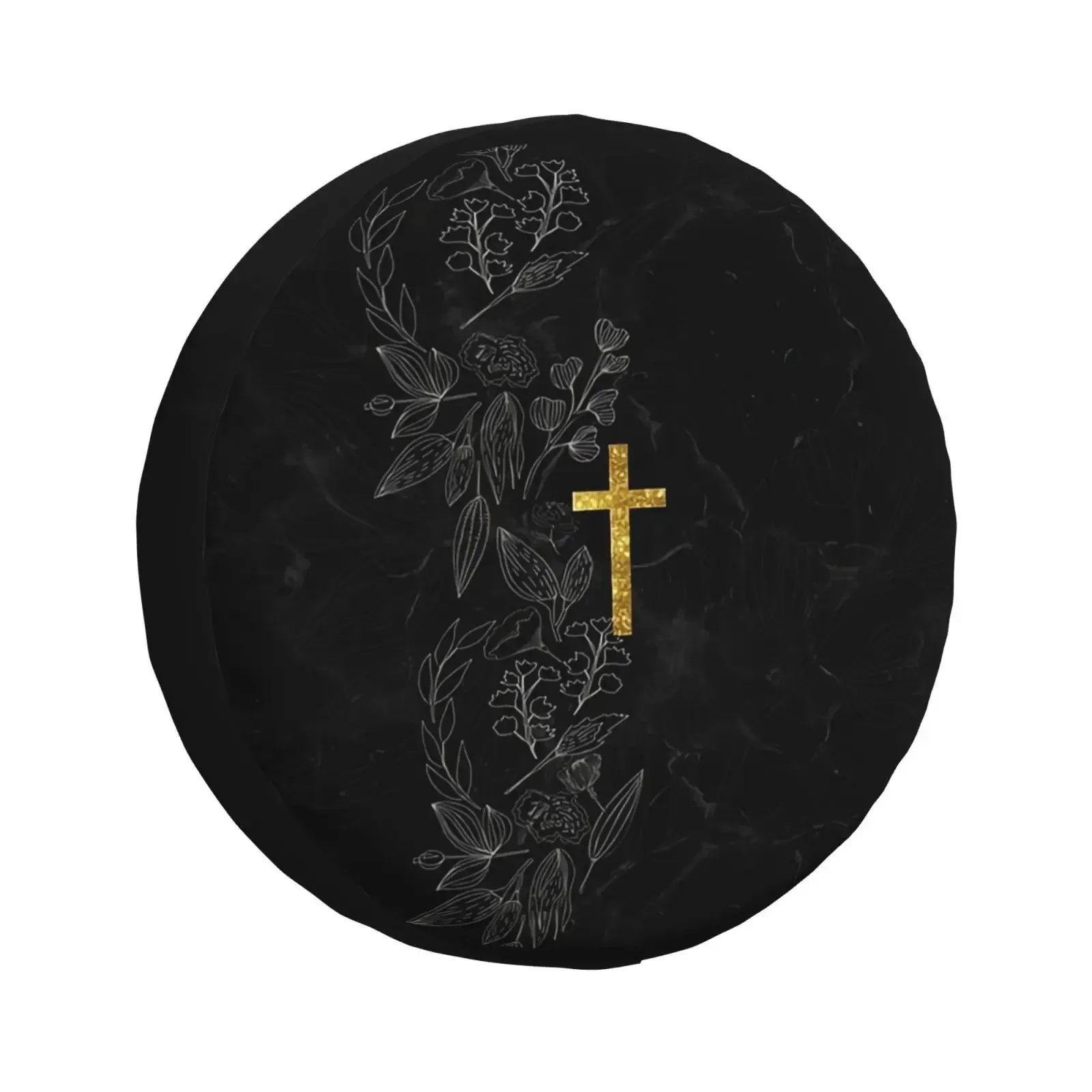 Glitter Gold Cross Spare Tire Cover Floral Outline Christian SUV Wheel Protector Automotive Accessory