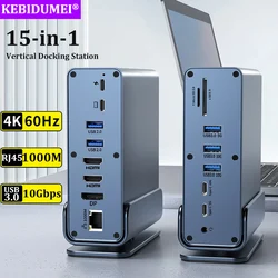 15 in 1 USB C Docking Station HDMI DP 4K HD Vertical USB C HUB with Triple Monitor,RJ45 1000M,USB 3.0/2.0,PD 3.0,SD/TF,Audio 3.5