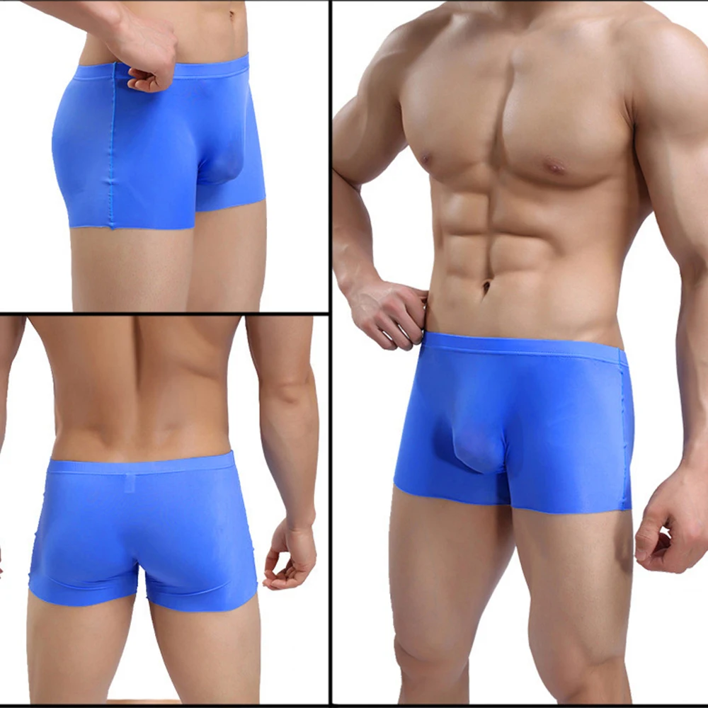 Boxers sexis de seda helada sin costuras con bolsa grande para hombre, calzoncillos transparentes, ropa interior fina para hombre, bañadores, calzoncillos Boxer planos transpirables