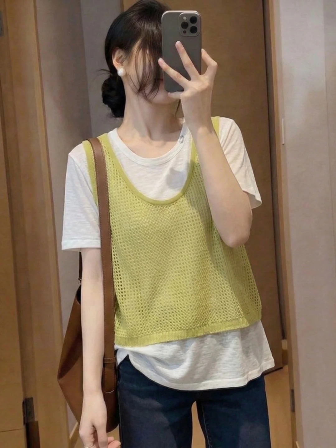 

Yellow Knitted Short Sleeve T-Shirt Women's Summer New Style plus Size Flattering Slimming Top Korean Style Loose Fit round Neck
