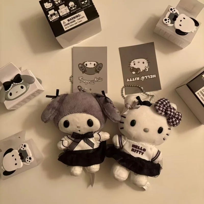 Sanrio Black White Impression Kitty cat Melody Retro Cinnamoroll Plush Cartoon Keychain Fashionable Bag Pendant Stuffed Toy