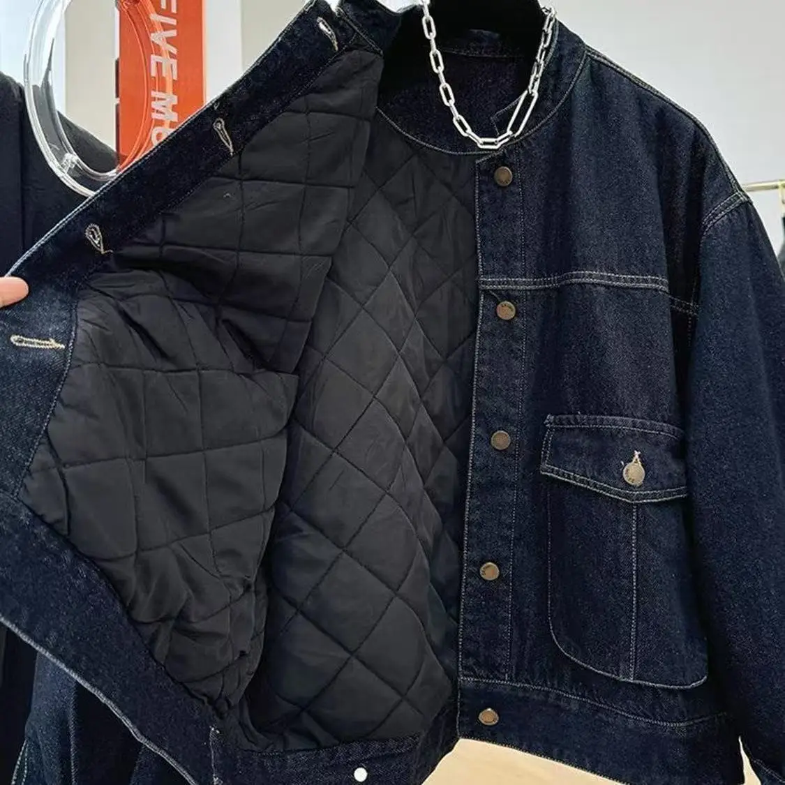 

Faionable Retro Hong Kong Sle Women's Denim Jaet Stand Collar Thiened Cotton Insert Long Sve ort Coat Warmth