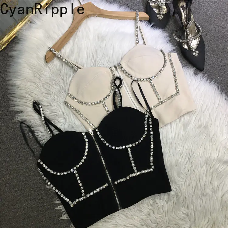 Fashion New Spring Summer Thin Shoulder Strap Camisole Hot Girl Diamonds Sexy Breast Pad Tube Top High Waist Zip Crop Tanks Tops