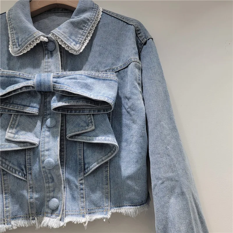 2025 Autumn Winter New Design Sense Bow Collar Lace Frayed Blue Denim Jacket Women's Jean Jacket Trendy Fashion Female Coat