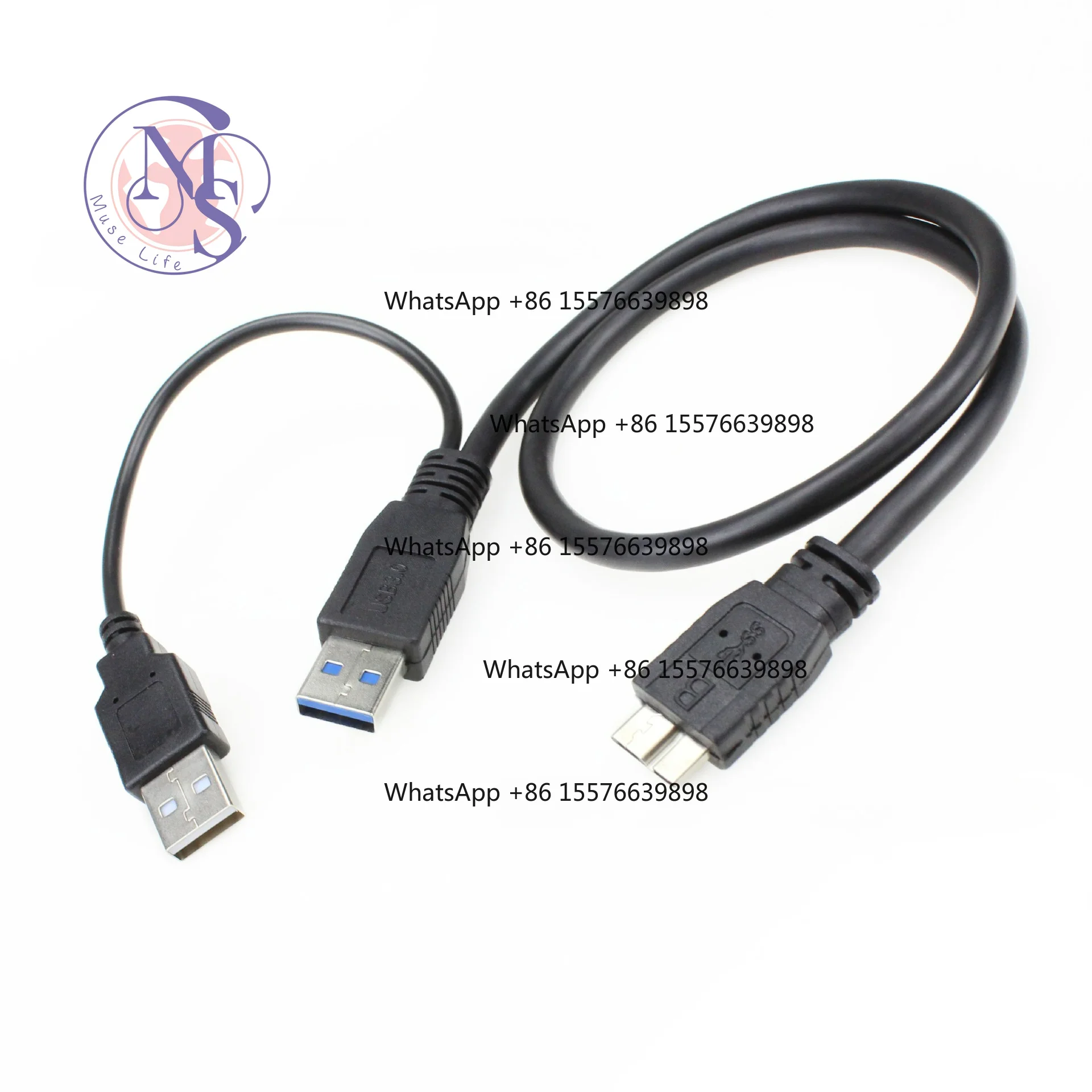 0.5M USB 3.0 Portable Hard Disk Data Cable, Dual USB to Micro‑B with Auxiliary Power Supply