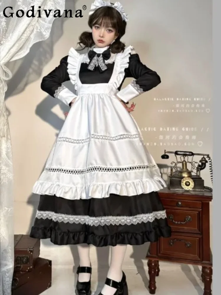 

L-5XL Lolita Large Size British Black White Maid Dress Long Sleeve Cosplay Girl Lace Ruffles Heavy Industry Sweet Long Dresses