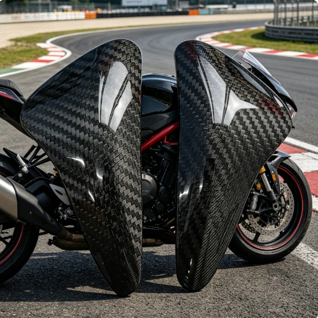 トライアンフ・デイトナ675r（2013～2016年式）、ストリートトリプル765（2017～2022年式）用、カーボンファイバー製燃料タンク後部保護カバー。