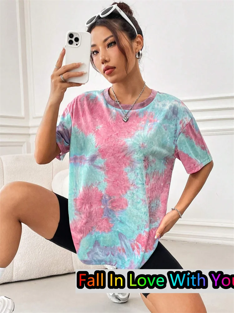 New Style Tie-Dye Drop Colorful T-Shirt Summer Oversized Women O-neck Tee Harajuku Trend Short Sleeve Female Streetwear Tops