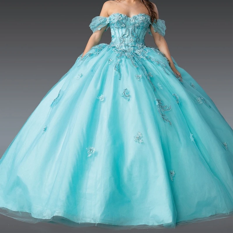 Vestidos De quinceañera azul claro personalizados, Vestido De baile con hombros descubiertos, apliques De encaje, cuentas De tul, fiesta De cumpleaños, dulce 16