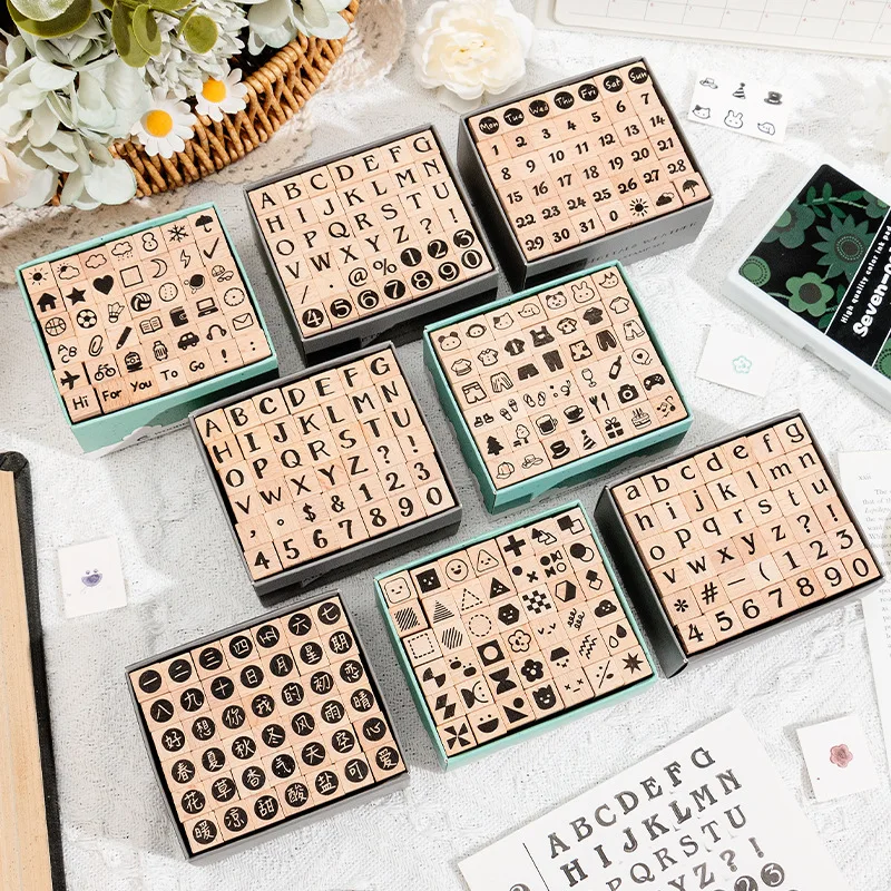 42 Pcs Beech Wood Stamps, Number Letter Geometric Shape Mini Emoji Basic Wooden Stamps for Journal Scrapbooking