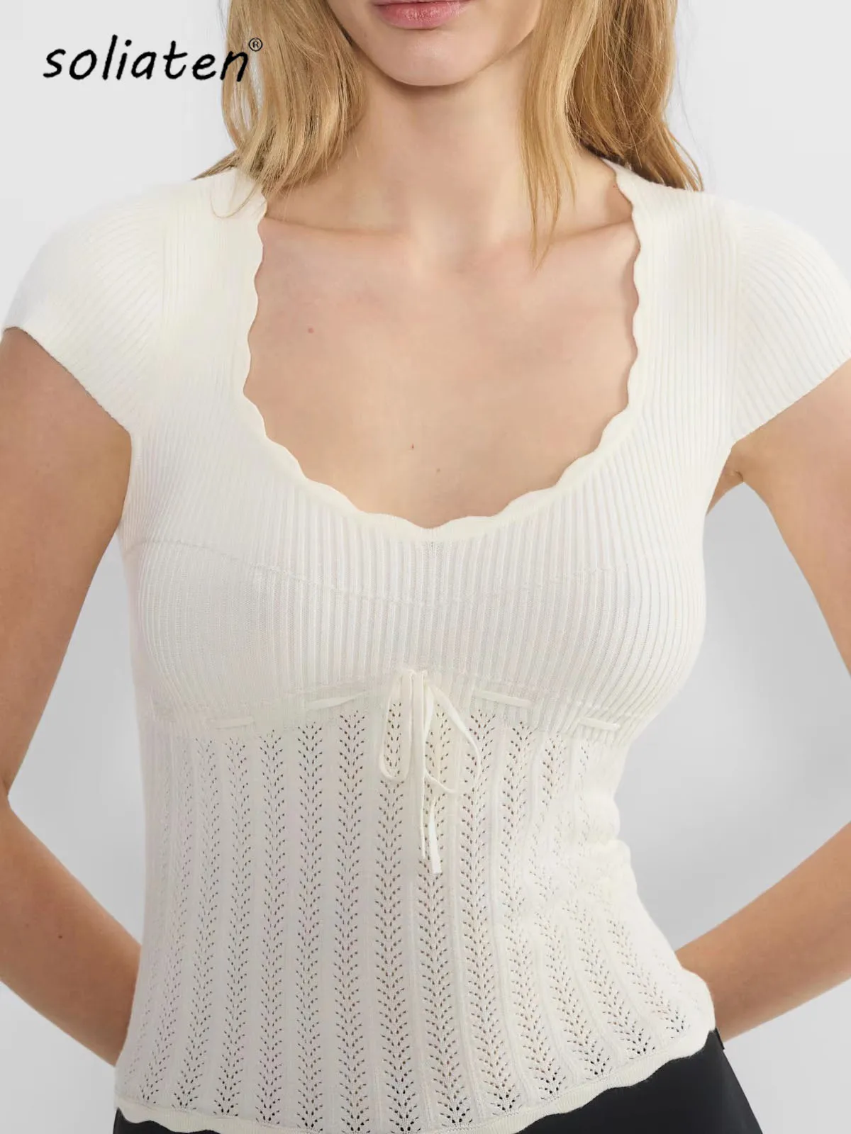 

Сексуальный вязаный женский однотонный тонкий укороченный топ с завязками на шнуровке и бантом на талии, женские уличные трикотажные футболки в рубчик B-094