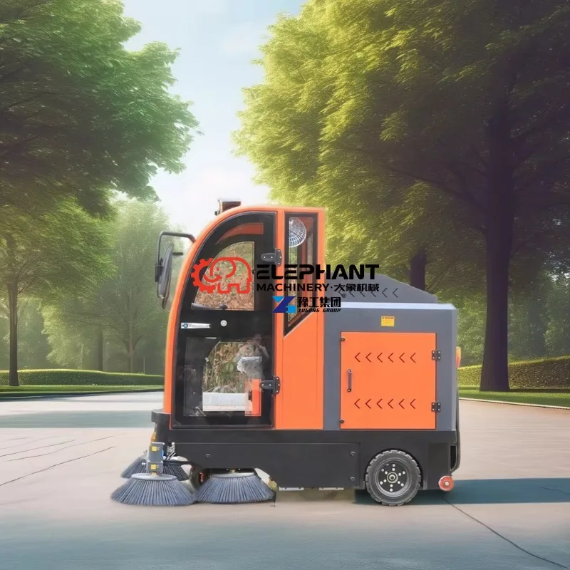 Full Closed Cabin Electric Ride-On Road Sweeper, Equipped with Cleaning Brushes, Dustproof Floor Cleaning Machine, Ideal