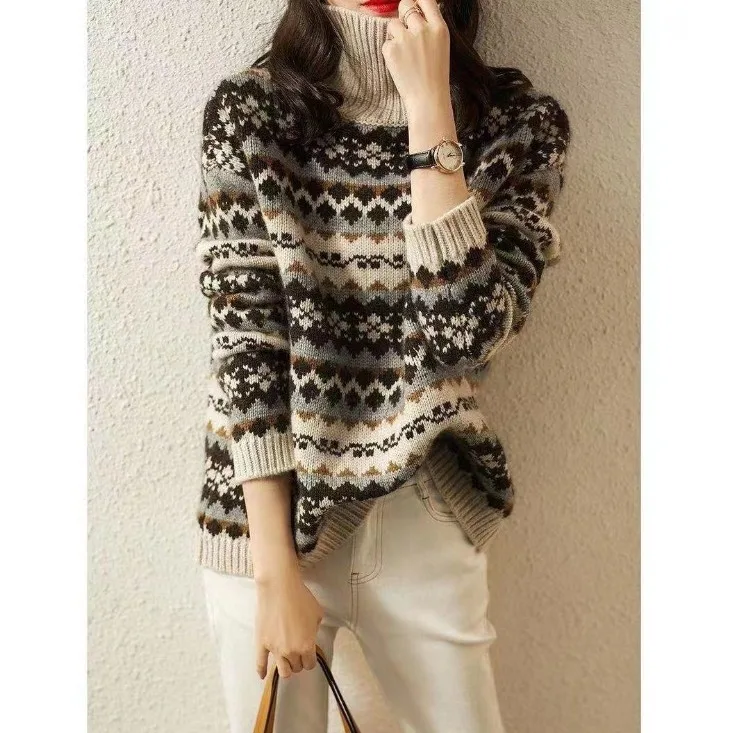 Nordic Jacquard Contrast Retro Fashion Lazy Wind High Collar Warm Sweater with Jacket