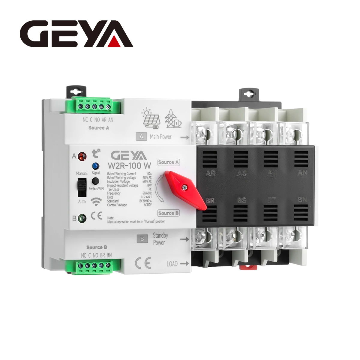 

Умный Wi-Fi автоматический переключатель GEAY ATS 4P 230В AC для двух источников питания, система бесперебойного дистанционного управления для фотоэлектрических систем/инверторов 63А 100А