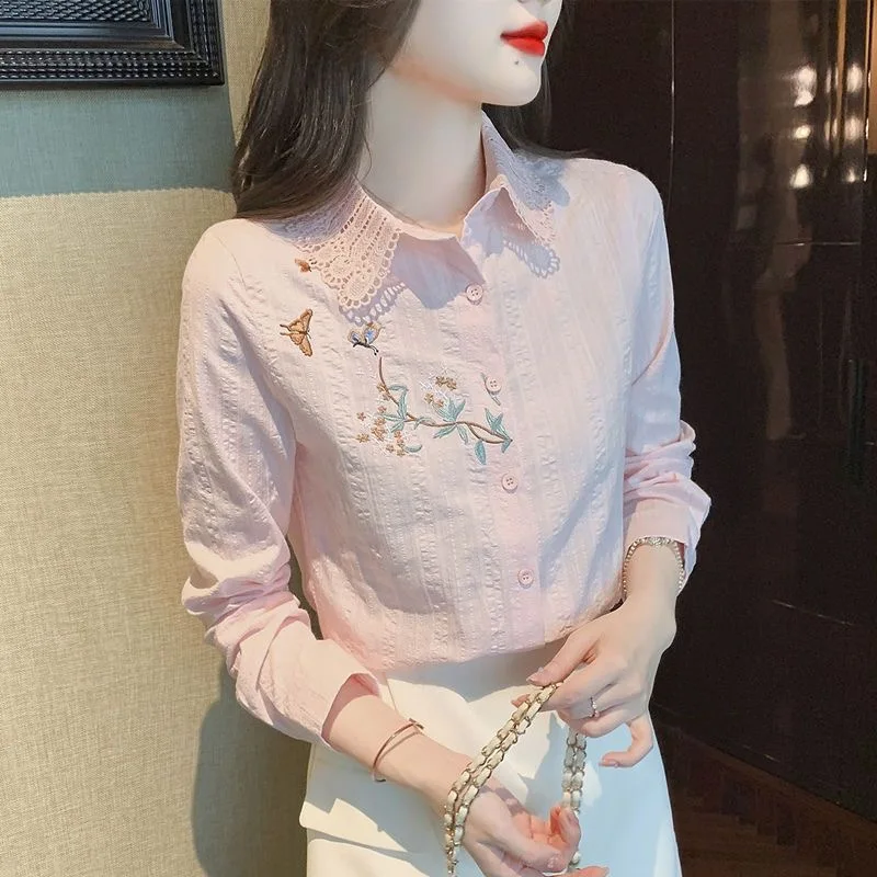 Embroidery Women Spring Autumn Blouses Shirts Lady Casual Long Sleeve Turn-down Collar Solid Color Blusas Tops DF4775