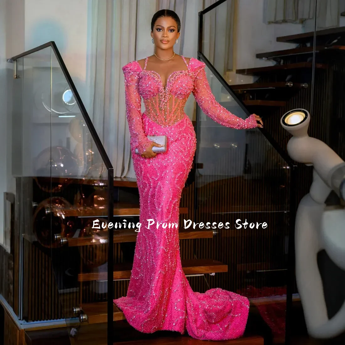 

Elegant Shiny Long Sleeve Mermaid Ball Dress Lace Beaded Birthday Evening Dress Special Occasion Party Dress Customization