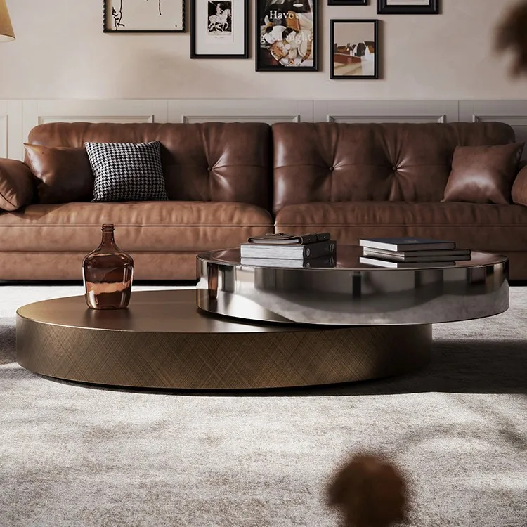 Italian light luxury, round coffee table, simple modern, stainless steel, household rotating creative Internet celebrity table