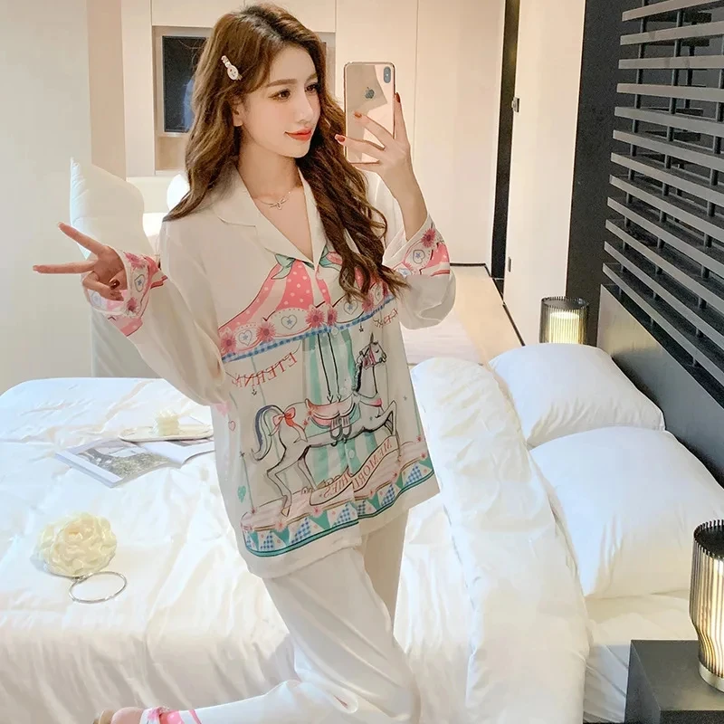 

Fashionable pajamas, women's ice silk spring new long sleeved pants set, cartoon dreamy spinning carriage home clothing