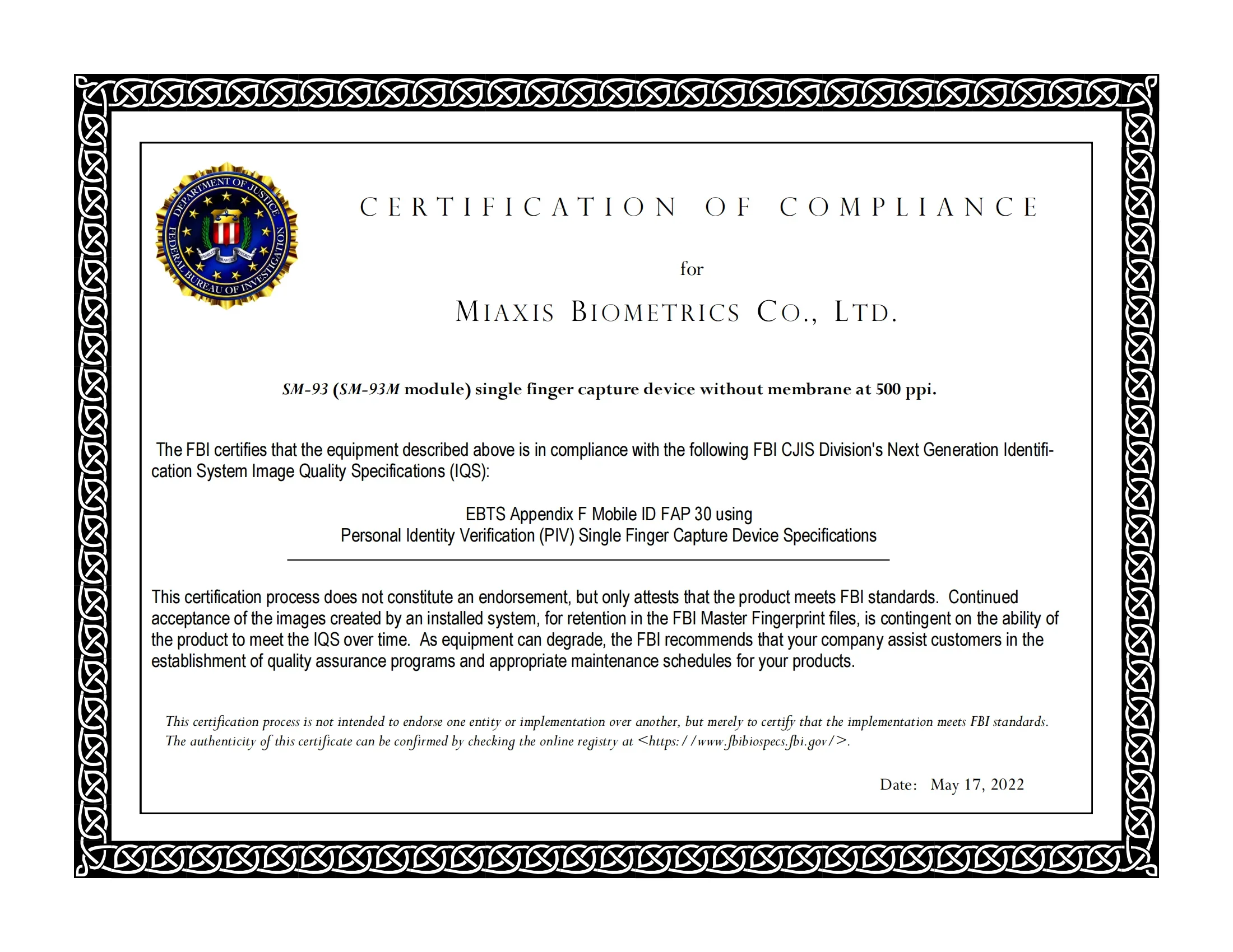 Linux/Android/Windows OS ISO 19794-4 FBI-PIV FAP30 وحدة استشعار بصمات الأصابع البصرية المعتمدة واجهة USB UART مع API