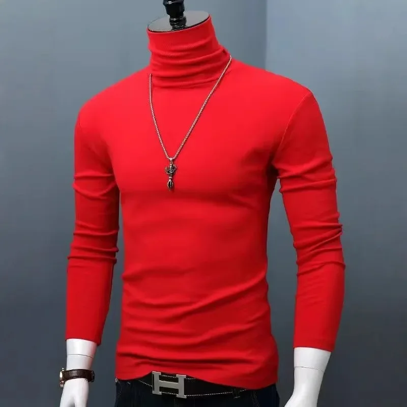 سليم صالح عالية الياقة طويلة الأكمام الرجال قاعدة قميص ملابس داخلية بسيطة لون نقي حجم كبير الدافئة الخريف تي شيرت شتوي النخالة العصرية
