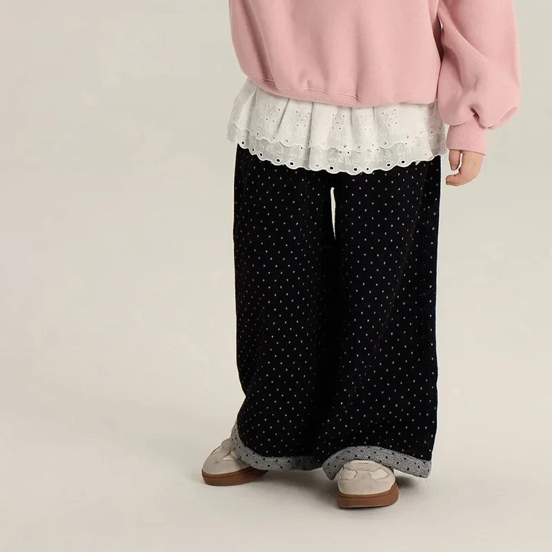 Girls' Korean Version Rolled Edge Wide Leg Pants 2024 Autumn New Style Children's Loose Casual Straight Leg Pants Trend