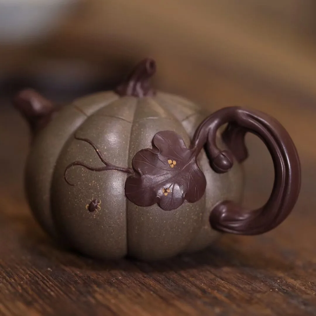 Yixing Zisha Teapot Set By Renowned Artisans Handmade Decorated With Decals Made From Original Ore Two-Toned Pumpkin-Shaped P