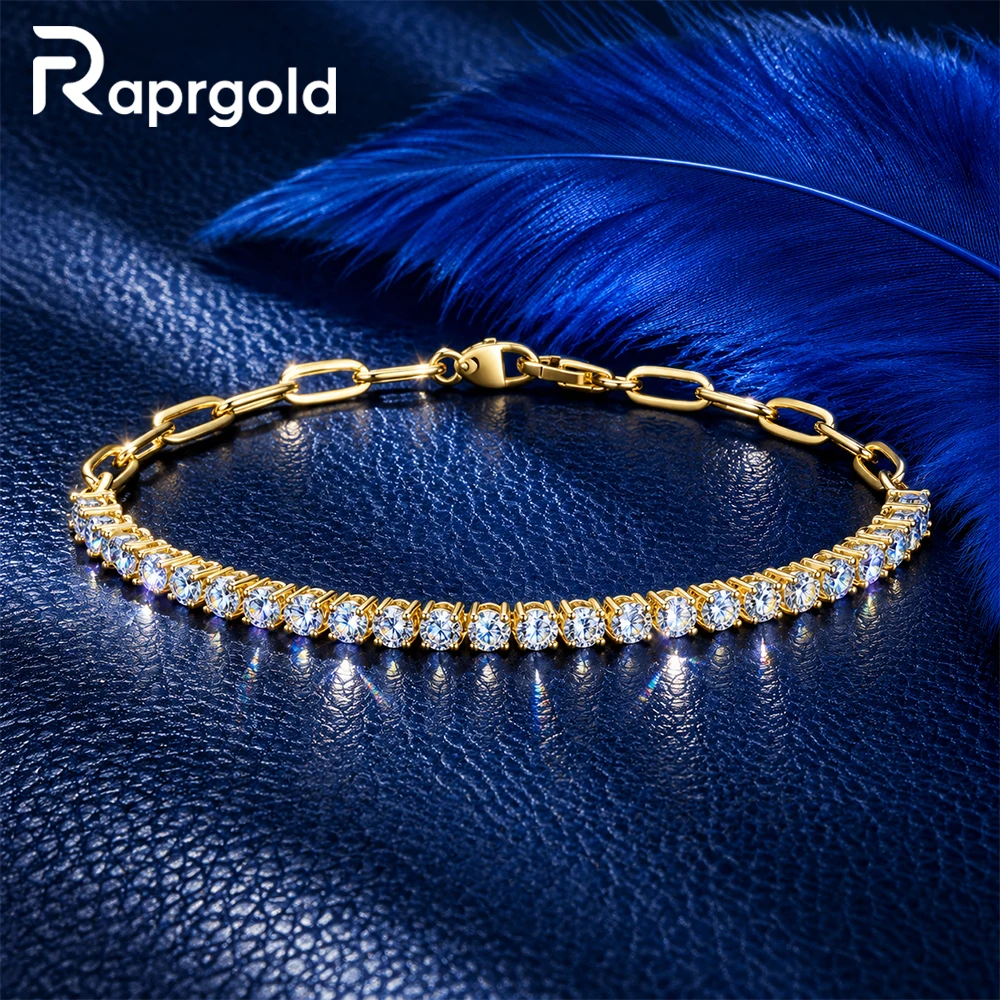 RAPRGOLD D Color VVS1 Moissanite Tennis Bracelet Paperclip Chain 14K Gold Filled Sparkling Luxury Bridal Party Jewelry for Women