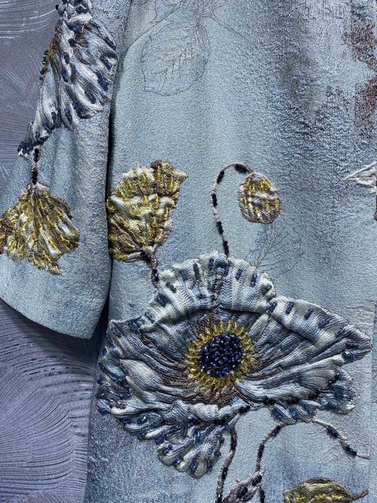 DLDENGHAN Beading Jacquard Coat For Women O-Neck Long Sleeves Covered Button Vintage Outerwear Autumn Winter New