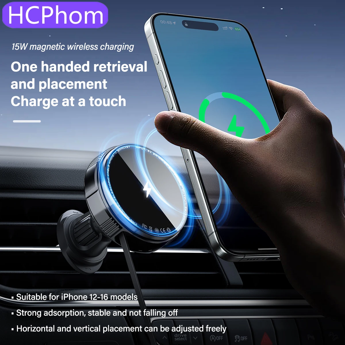 

HCPhom Magnetic Car Wireless Charger Dashboard Air Vent Mount for Iphone 16 15Fast Charging Station with Retractable Data Cable