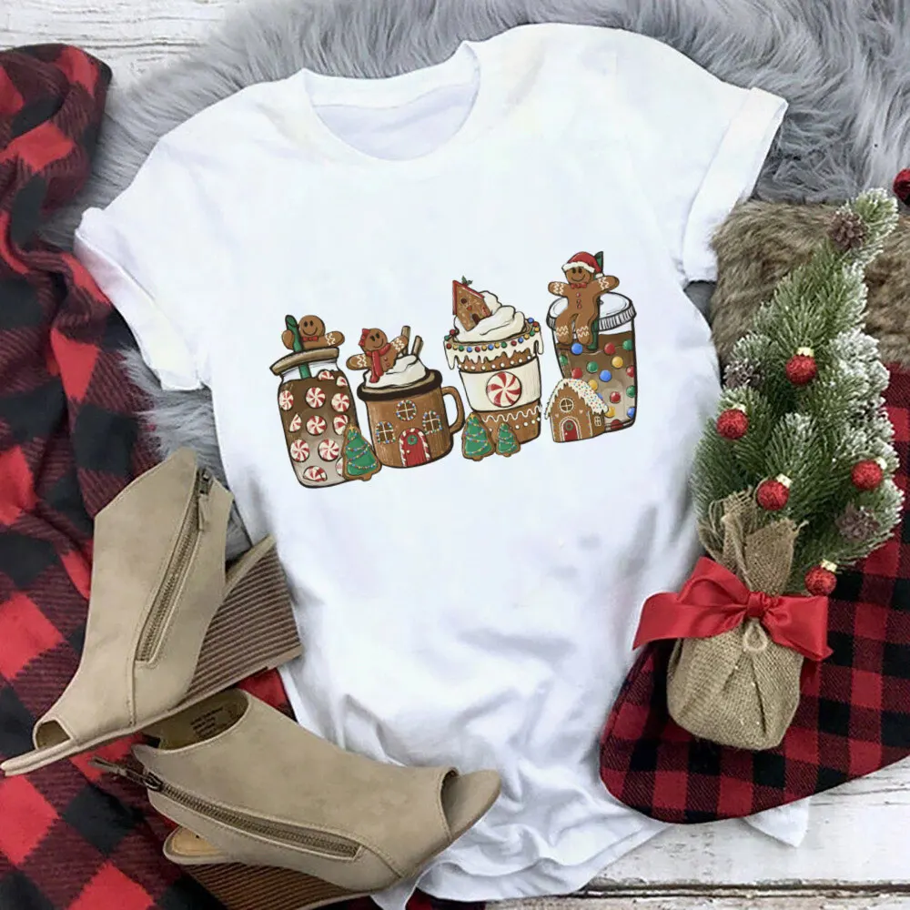 Gingerbread Christmas Coffee Shirt Women Graphic Funny T-Shirt Happy Time Winter Merry Christmas Tops Clothing Lady Tees