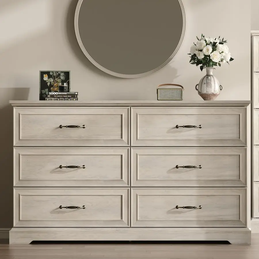 ตู้ลิ้นชัก 6 ชั้นสำหรับห้องนอน, ตู้ลิ้นชักสไตล์โมเดิร์นกว้าง 54 ซม. พร้อมลิ้นชักลึกและมือจับแบบแท่ง, ตู้ลิ้นชักไม้สไตล์เรสติกสำหรับวางทีวี