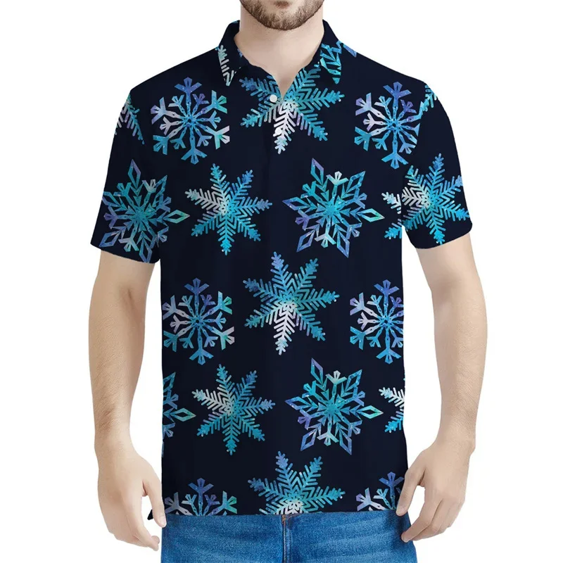 

Рубашка-поло мужская с рождественским рисунком снежинок, цветная футболка с 3D принтом, повседневный топ с лацканами, с коротким рукавом, большие размеры, на лето