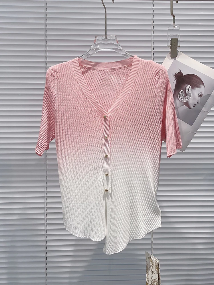 

ZJYT Summer Gradient Pink Sweaters for Women Short Sleeve Knitted Tops Knitwears Pullovers Basics Jersey Mujer Korean Fashion