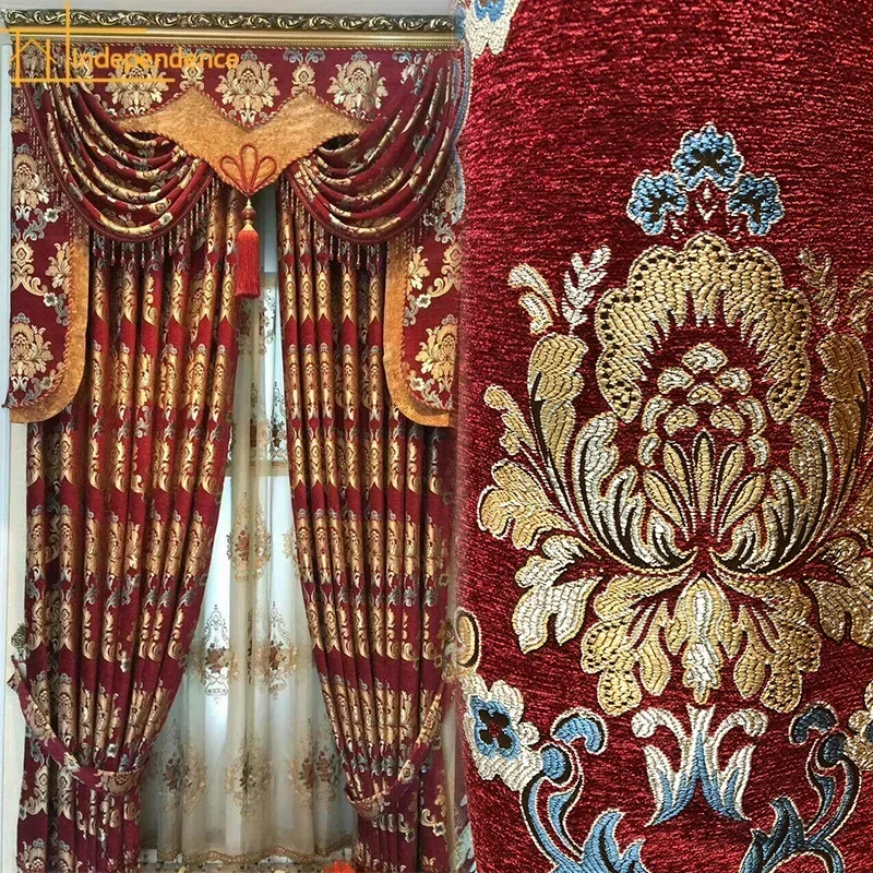 Europäische luxuriöse rote dicke Chenille-Jacquard-Verdunkelungsvorhänge für Wohnzimmer, Schlafzimmer, maßgeschneiderte Volant